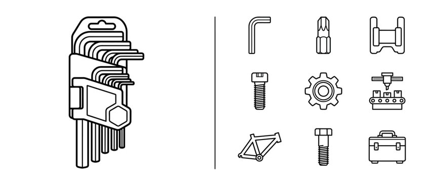 Set of Hex Key Allen Wrenches and Industrial Hardware Icons