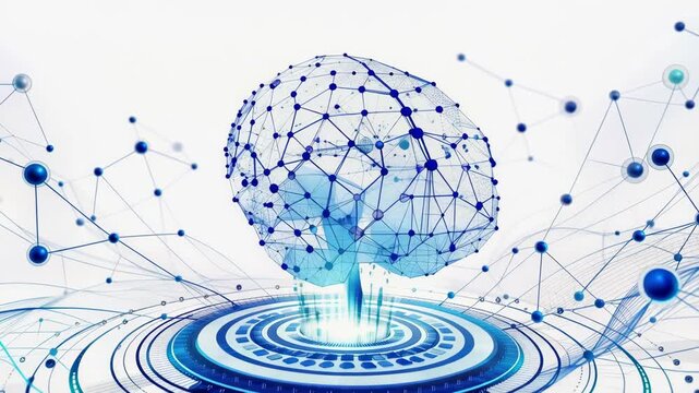 Digital illustration of a blue networked brain with interconnected nodes and lines