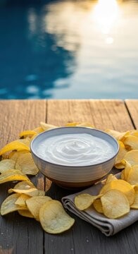 A bowl of creamy white dip sits on a rustic wooden table next to salty chips and a clear blue swimming pool glistening under the golden sun, party, vacation, bright