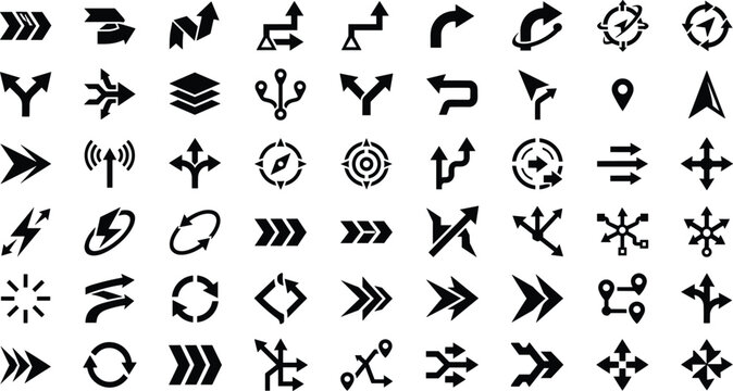 Black vector arrow icons collection featuring straight, curved, circular, branching, and directional navigation symbols for design and mapping