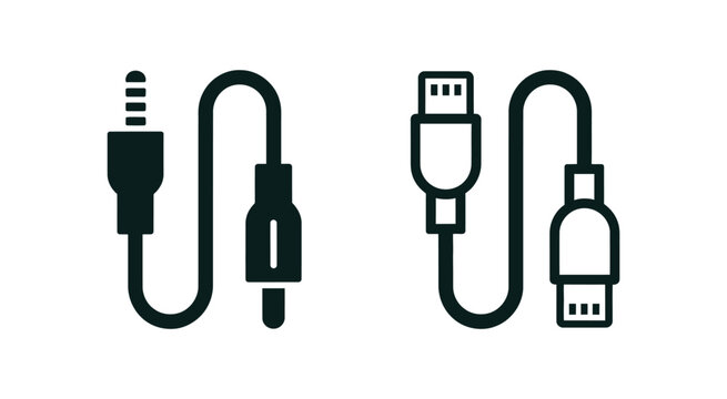 MIDI And XLR Audio Connector Icon Set, Black And White Sound Cable Interface Symbols Vector Illustration.