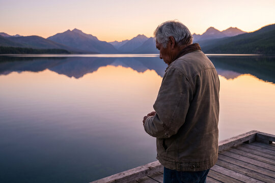 Senior Traveler Relaxing Beside Peaceful Mountain Lake at Sunset Reflection