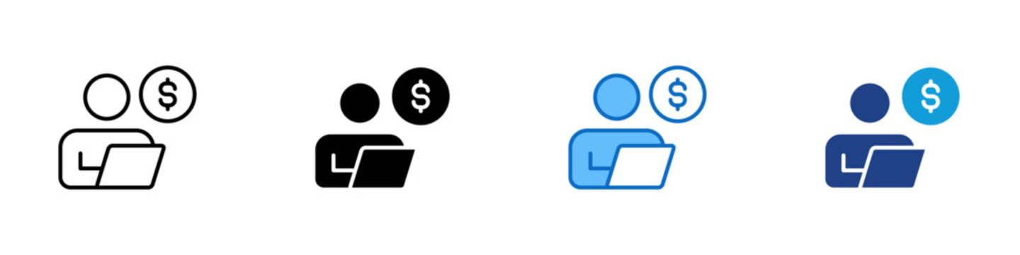 Freelancer Payment Account Multiple Style Icon Design Vector - User figure with coin and laptop representing freelancer payment, employee earnings management, and remote worker financial account