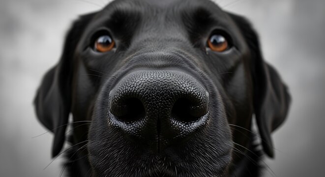 A close-up portrait of a black dog, centered on its nose, with focused eyes against blurred backdrop