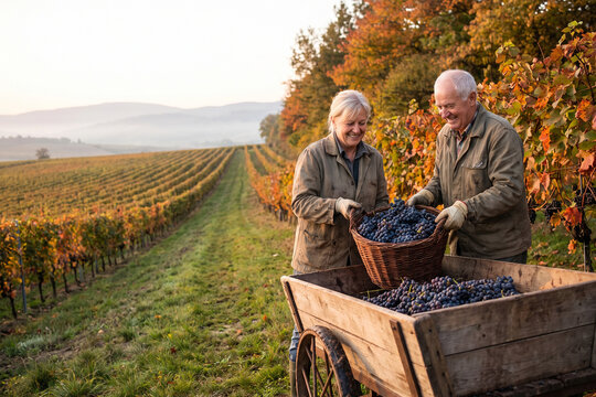 Happy Senior Couple Harvesting Grapes Together in Vineyard During Autumn Wine Season