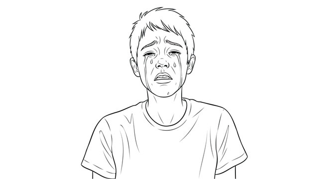 Boy cries with tears falling down his face.