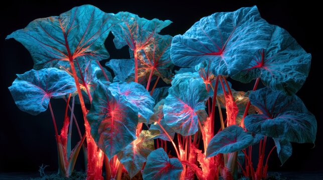 Glowing blue elephant ear leaves with red stems.