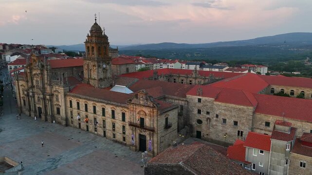 Aerial view of the Monastery of San Salvador in Celanova, Ourense, Galicia, Spain, bathed in the golden light of sunset