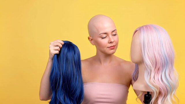 Bald woman holding vibrant blue wig while standing next to mannequin head. Choice of hair replacement options for hair loss. Panning and tilting camera movement.