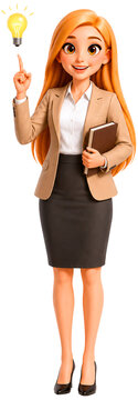 The young teacher was pointing upwards with a joyful expression, having come up with the best idea.