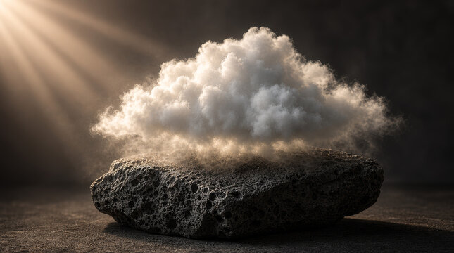 A striking surreal still life photograph for a sustainability campaign, featuring a miniature fluffy dense white atmospheric cloud gently resting on a rough textured dark gray volcanic basalt rock ped