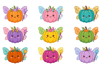 Fototapeta premium Cute Kawaii Pumpkins with Wings and Wands