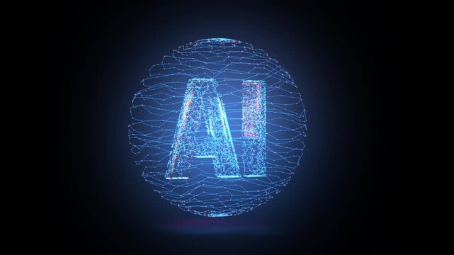 AI letters animation of glowing symbols with digital and geometric noise in computer science world, 4k abstract artificial intelligence tech animated template