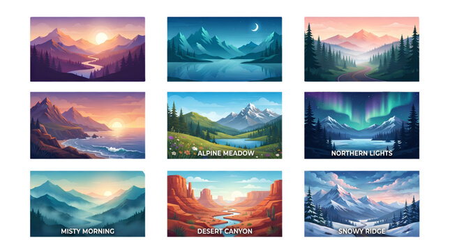 Modern Mountain Landscape Vector Illustration Collection with Scenic Nature Panels for Travel Tourism Posters Websites and Graphic Design