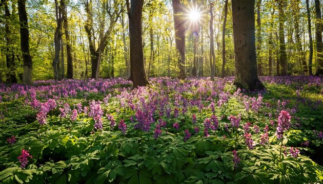 Forest Covered With Corydalis Cava Flowers In Sunny Day Undercover Of The Tree Canopy