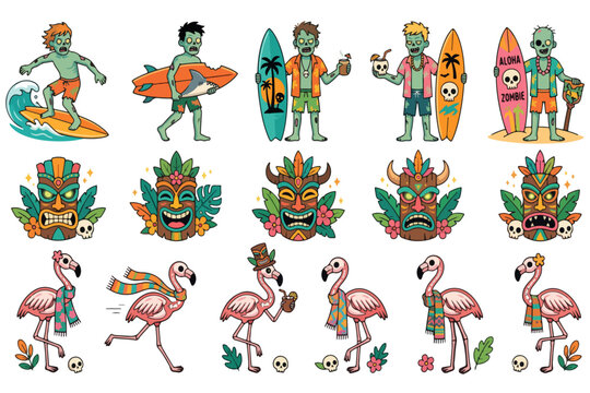 Tropical Zombie Fun: A vibrant collection of cartoon illustrations featuring zombies enjoying a tropical vacation, complete with surfboards, tiki masks, and flamingos.
