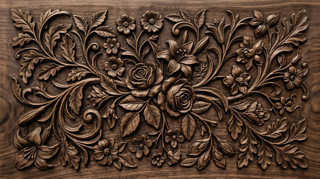 Intricate floral wood carving panel with beautiful rose and lily bas-relief