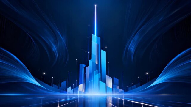 Abstract digital skyscraper with glowing blue light beams and futuristic energy lines in a modern tech cityscape