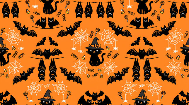 Seamless pattern with cute black cats, bats, spider webs and halloween candies on orange background vector illustration for holiday design