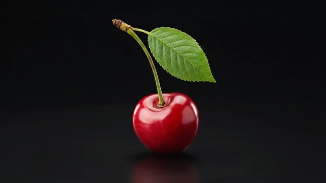 Single ripe red cherry with green leaf on black reflective background