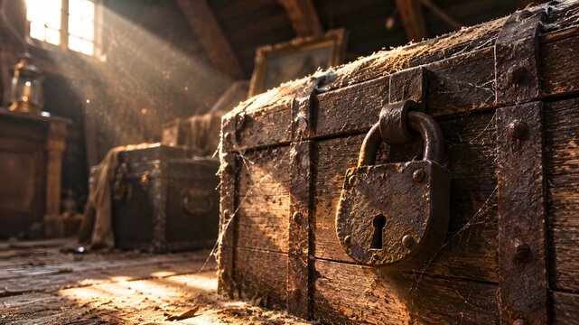 A stunning close up photo of an old dusty wooden chest with a rusty padlock in a sunlit attic. This nostalgic storage shot is suitable for history articles and adventure design themes.