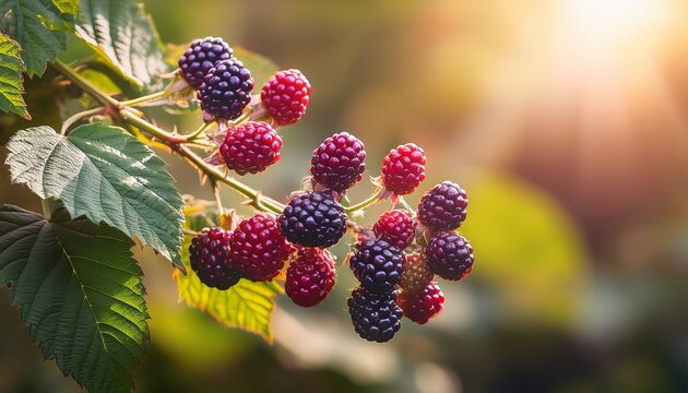 Foto Artistica De Una Rama Con Fruto De Mora De Color Rojo Purpura Con Hojas Y Fondo Difuminado