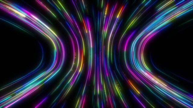 Colorful Neon Speed Lines and Glowing Light Streaks Curving Through Tunnel Seamless Loop 4K Background