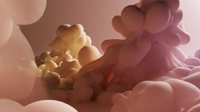 Abstract 3D render of soft billowy shapes resembling clouds or smoke in pastel pink, lavender, and light blue gradients with smooth transitions and soft directional lighting.