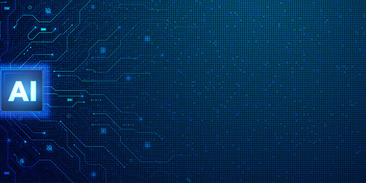 Artificial intelligence microchip on circuit board with glowing blue lines, digital technology background.