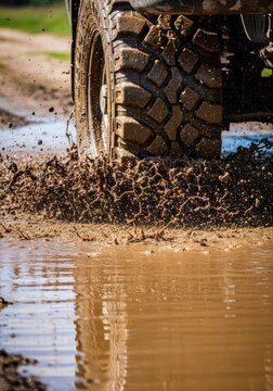 A close-up shot of heavy duty off-road tires caked in thick brown mud while spinning through a deep puddle on a rugged rural dirt path, extreme, adventure, wilderness