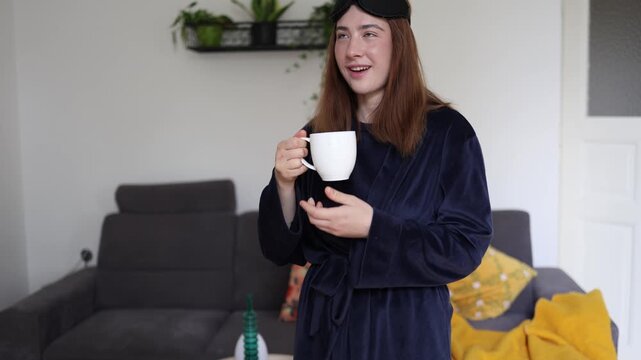 Coffee transforms morning mood as tired young woman becomes cheerful and energized after caffeine proving how strongly her emotional state depends on the first cup