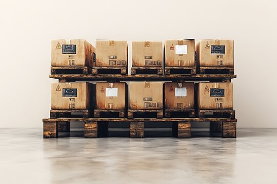 Stacked brown cardboard boxes on wooden pallets, warehouse storage brown boxes stacked boxes