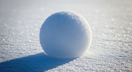 Fototapeta premium A perfectly spherical snowball rests atop a fresh layer of glistening white snow, highlighting its crisp texture and cold winter essence, climate, circle, ball