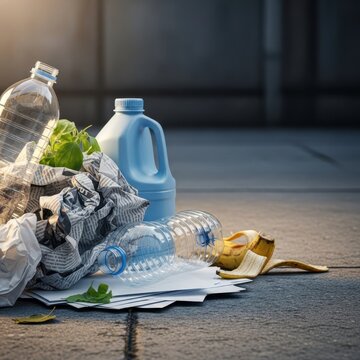 A pile of discarded household waste including plastic bottles, crumpled paper, and organic scraps lying on a concrete urban street surface, organic, items, urban