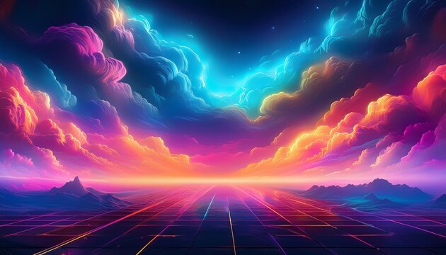 D Render Abstract Fantasy Background Of Colorful Sky With Neon Clouds
