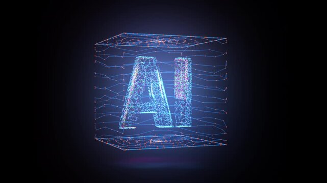 AI letters animation of glowing symbols with digital and geometric noise in computer science world, 4k abstract artificial intelligence tech animated template