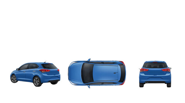 Realistic Blue Hatchback Car Vector Icon Set with Multiple Views Isolated on Transparent Background for Automotive Design Navigation and Transportation Graphics