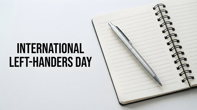 International lefthanders day text with a silver pen on a spiral notebook isolated on white background