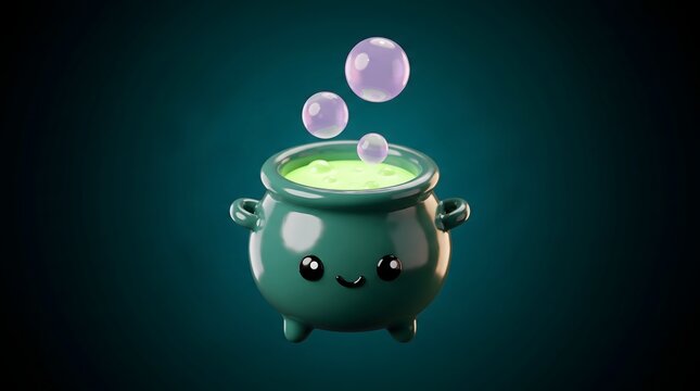 Cute green witch cauldron with happy smiling face and bubbles