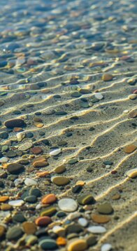 Sunlight reflects off the rippling surface of a calm, shallow pond, revealing smooth pebbles and fine sand beneath the transparent water, calm, fresh, scenic