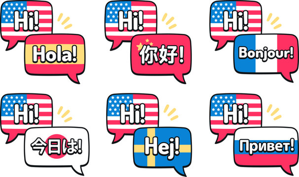 Speech bubbles saying Hi in different languages with country flags. Comic style vector illustration set. Language learning and communication.
