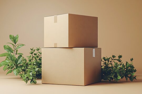 Two brown cardboard boxes stacked, with green plants on a beige background, stacked boxes