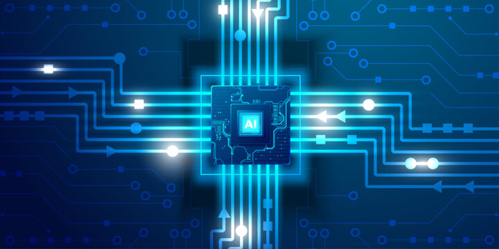 Glowing blue circuit board with AI chip at center representing artificial intelligence technology and data processing.