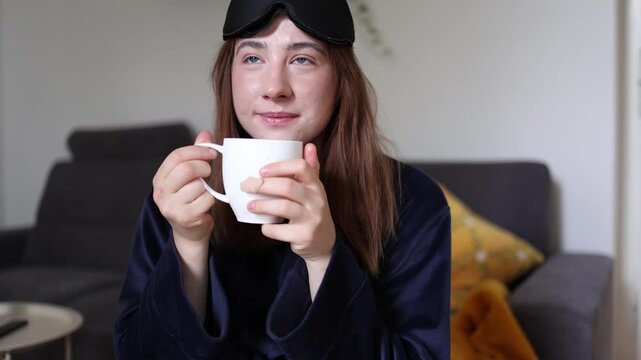 Morning coffee finally reaches her hands as sleepy woman savors the first warm sip feeling caffeine restore comfort calmness mental clarity and fresh energy