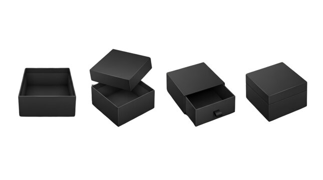 Luxury Black Gift Box Vector Icon Set with Open Closed and Drawer Packaging Views Isolated on Transparent Background for Premium Product Branding