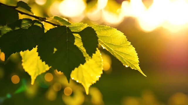 Close-up of green leaves on a branch illuminated by warm golden sunlight during sunset. Transparent leaf texture with water droplets and soft bokeh background in nature.