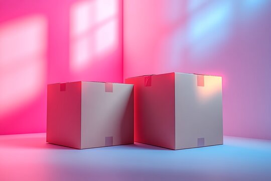 Two white cardboard boxes, pink and blue lighting, shadows on wall