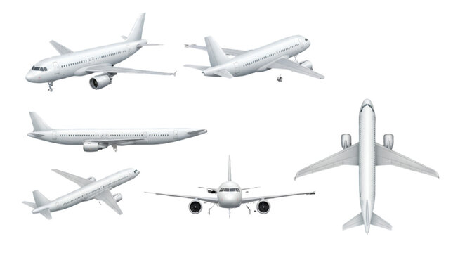 Realistic Commercial Passenger Airplane Vector Icon Set with Multiple Aircraft Views Isolated on Transparent Background for Aviation Travel and Transportation Design