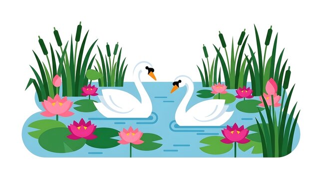 Two elegant white swans floating peacefully on a tranquil lake surrounded by blooming pink water lilies, green lily pads, and tall reeds. Colorful flat vector nature illustration representing serenity