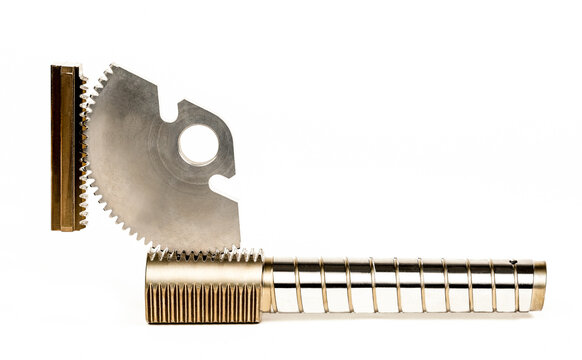 Precision worm shaft and gear rack cutter isolated on white background for industrial manufacturing